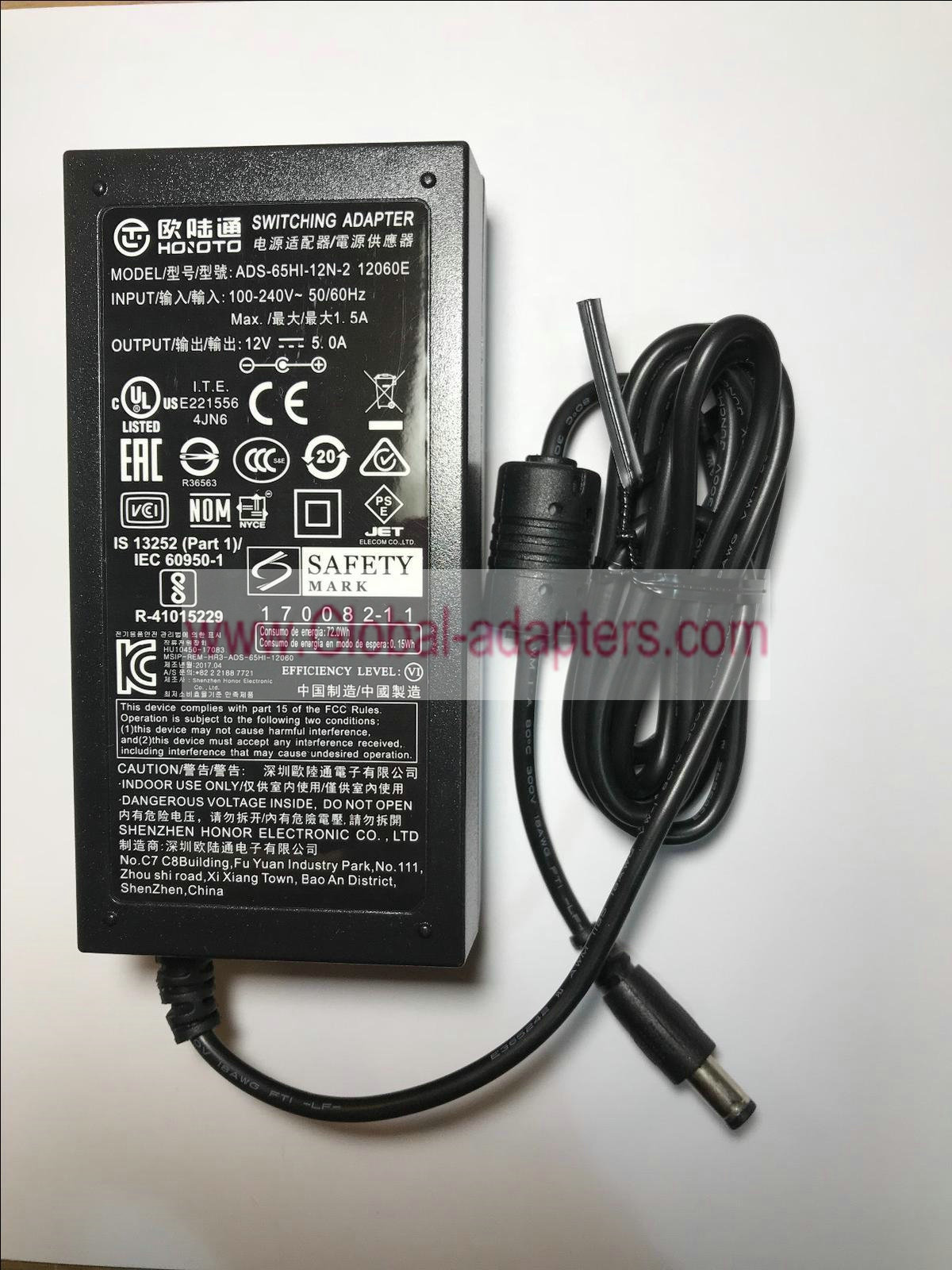 Genuine HOIOTO 12V 5.0A Switching Adapter ADS-65HI-12N-2 12060E Power Supply